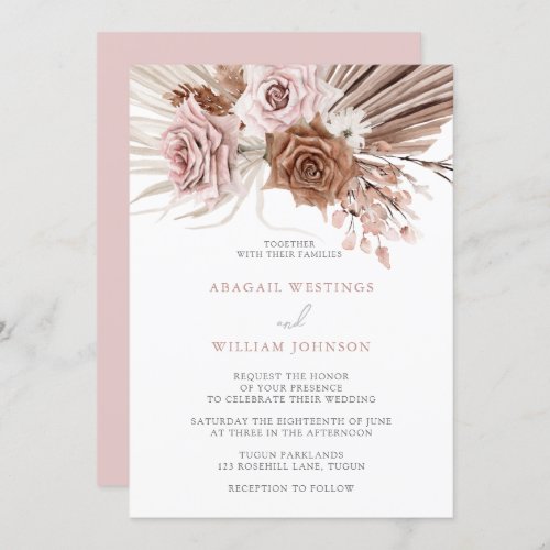 Boho Pink Dusty Rose Blush Bohemian Floral Wedding Invitation