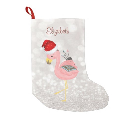 Boho Pink Flamingo With  Santa Hat Glittery Bokeh Small Christmas Stocking