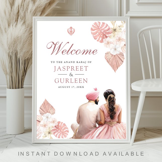 Boho Pink Floral Anand Karaj Wedding Welcome Sign (Creator Uploaded)