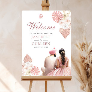 Boho Pink Floral Anand Karaj Wedding Welcome Sign