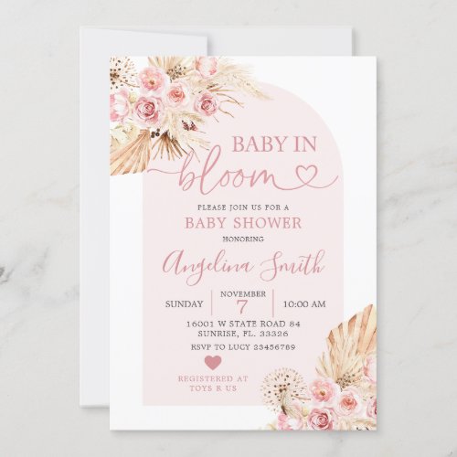 Boho Pink Floral Arch Baby in Bloom Baby Shower In Invitation