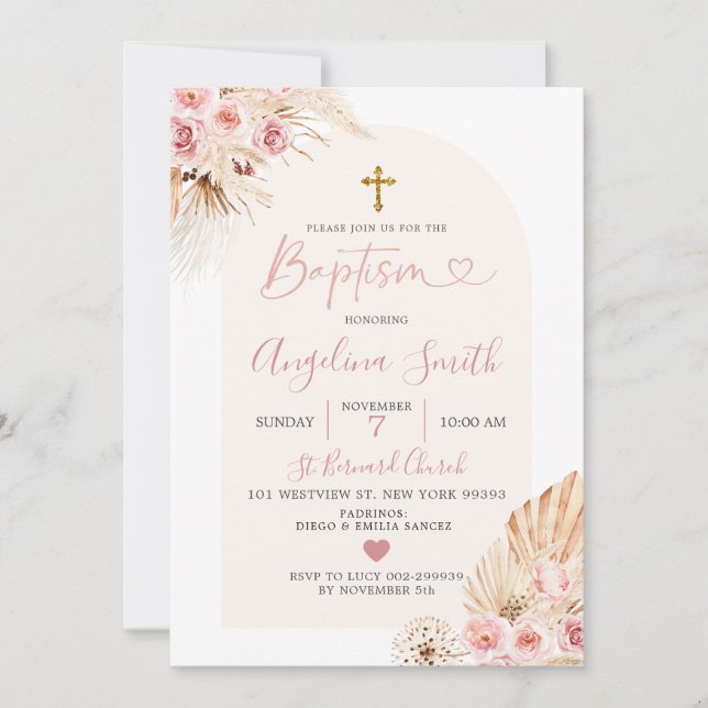 Boho Pink Floral Arch Baptism Invitation (Front)