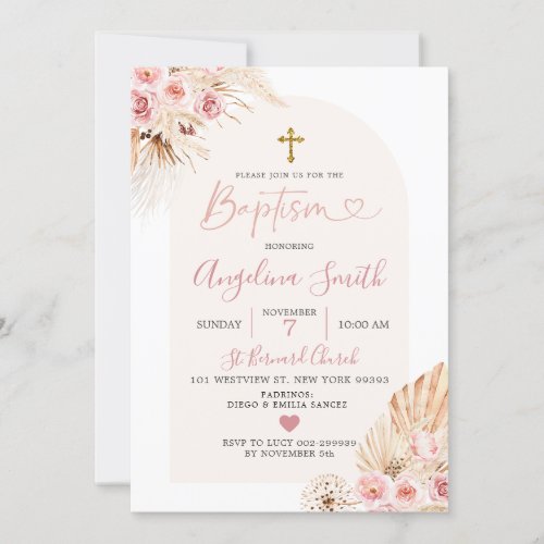 Boho Pink Floral Arch Baptism Invitation