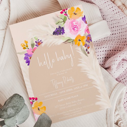 Boho pink floral arch beige hello baby shower invitation