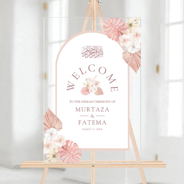Boho Pink Floral Arch Muslim Wedding Welcome Acrylic Sign (Creator Uploaded)