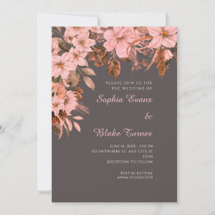 Boho Pink Floral Autumn Ash Gray Wedding Invitation