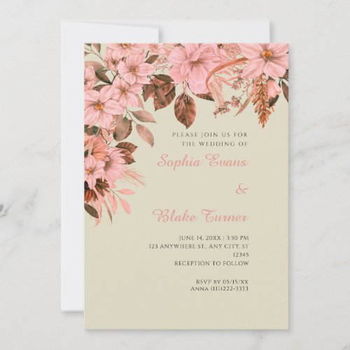 Boho Pink Floral Autumn Bamboo Wedding Invitation