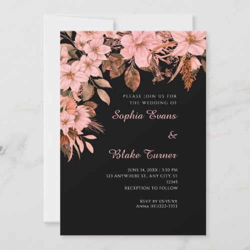 Boho Pink Floral Autumn Black Wedding Invitation