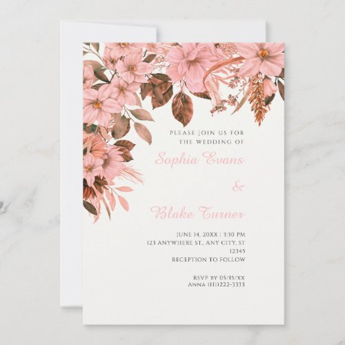 Boho Pink Floral Autumn Off White Wedding Invitation