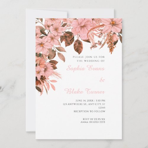 Boho Pink Floral Autumn White Wedding Invitation
