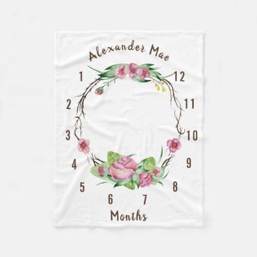 Boho Pink Floral Baby Monthly Age Milestone Fleece Blanket