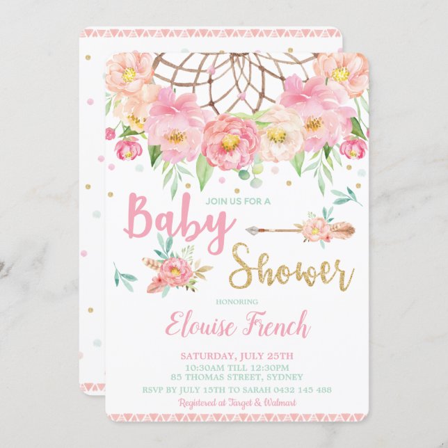 Boho Pink Floral Baby Shower Dream Catcher Girl Invitation (Front/Back)