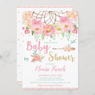 Boho Pink Floral Baby Shower Dream Catcher Girl Invitation