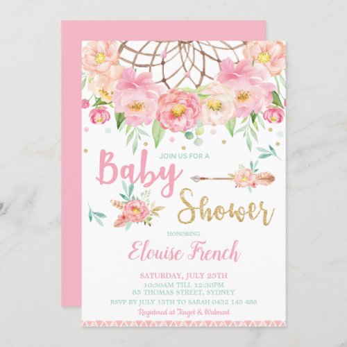 Boho Pink Floral Baby Shower Dream Catcher Girl Invitation