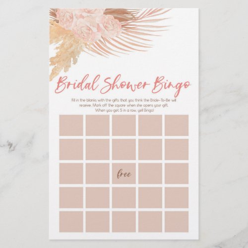 Boho Pink Floral Bingo Bridal Shower Game Stationery