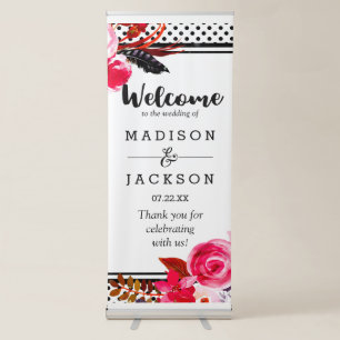 Boho Pink Floral & Black Dots Wedding Welcome Retractable Banner