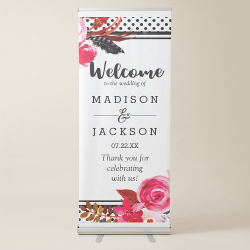 Boho Pink Floral  Black Dots Wedding Welcome Retractable Banner