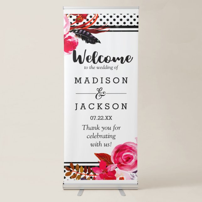 Boho Pink Floral & Black Dots Wedding Welcome Retractable Banner (Front)