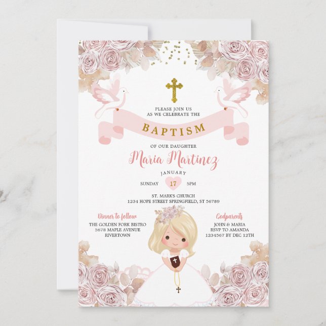 Boho Pink Floral Blonde Little Girl Holy Baptism Invitation (Front)
