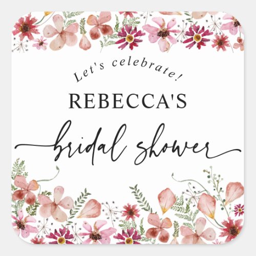 Boho Pink Floral Bridal Shower Round  Square Sticker