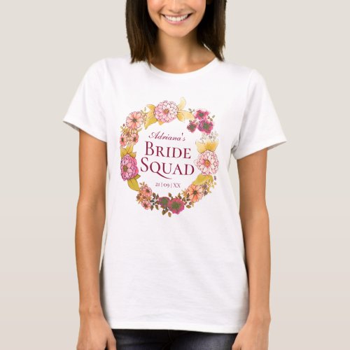 Boho Pink Floral Bride Squad Custom Bridal Party T_Shirt