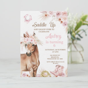 Boho Pink Floral Brown Horse Saddle Up Birthday Invitation