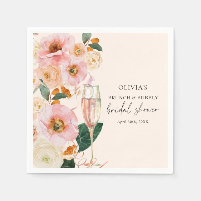 Boho Pink Floral Brunch & Bubbly Bridal Shower Napkins (Front)