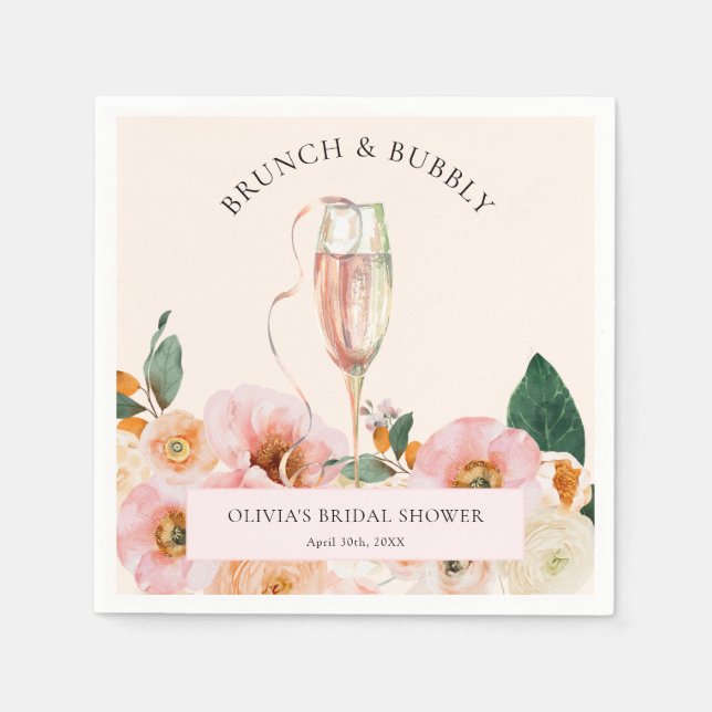 Boho Pink Floral Brunch & Bubbly Napkins (Front)