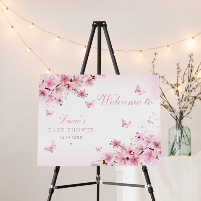 Boho Pink Floral Butterfly Baby Shower Welcome Foam Board (In Situ (Stand))