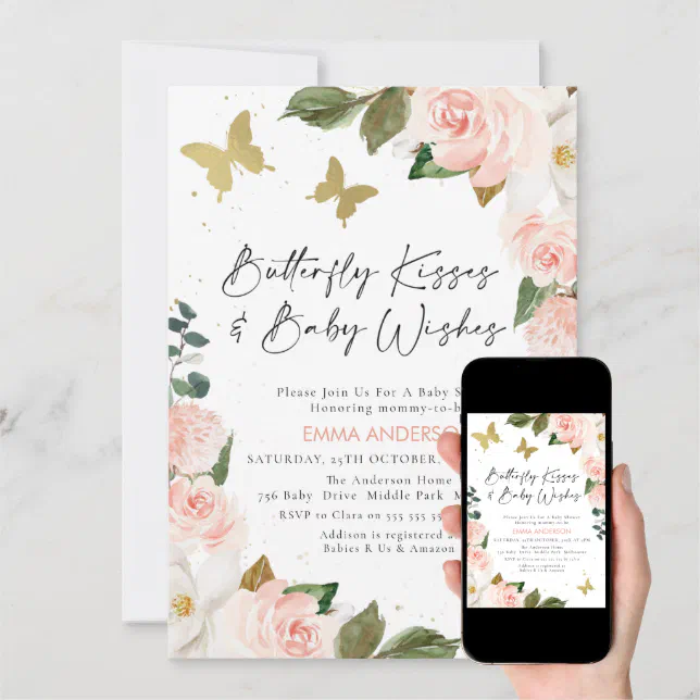 Boho Pink Floral Butterfly Kisses Baby Shower Invitation Zazzle