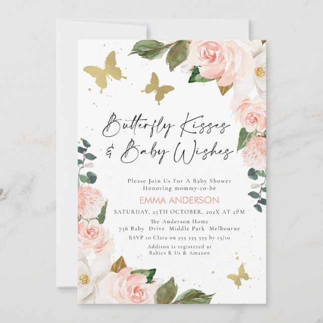 Boho Pink Floral Butterfly Kisses Baby Shower Invitation (Front)
