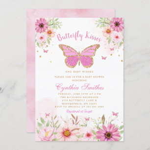 Boho Pink Floral Butterfly Kisses Girl Baby Shower Invitation