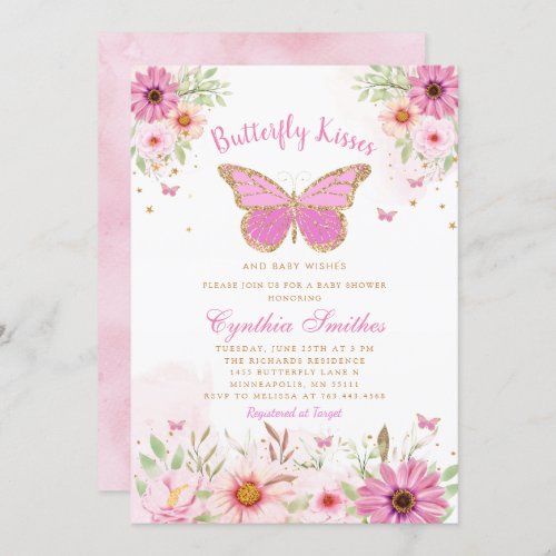 Boho Pink Floral Butterfly Kisses Girl Baby Shower Invitation
