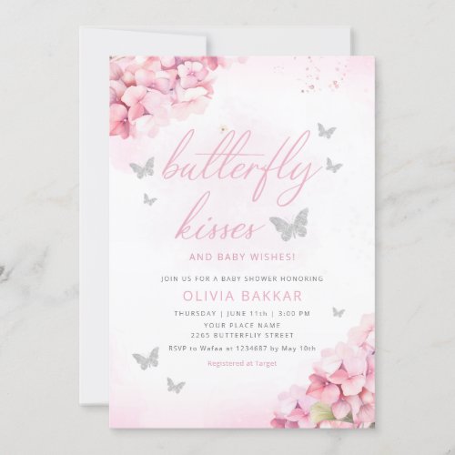 Boho Pink Floral Butterfly Kisses Girl Baby Shower Invitation