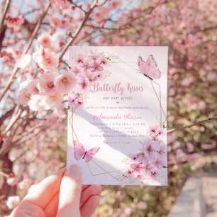 Boho Pink Floral Butterfly Kisses Girl Baby Shower Invitation