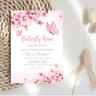 Boho Pink Floral Butterfly Kisses Girl Baby Shower Invitation