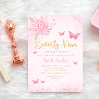 Boho Pink Floral Butterfly Kisses Girl Baby Shower Invitation