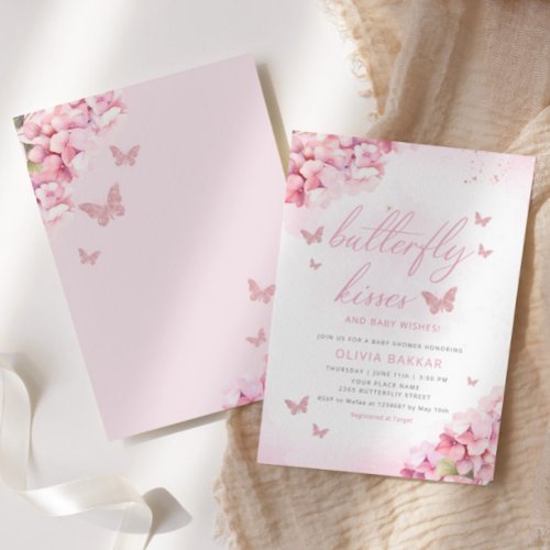 Boho Pink Floral Butterfly Kisses Girl Baby Shower Invitation