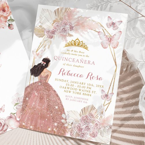 Boho Pink Floral Butterfly Princess Quinceaera Invitation
