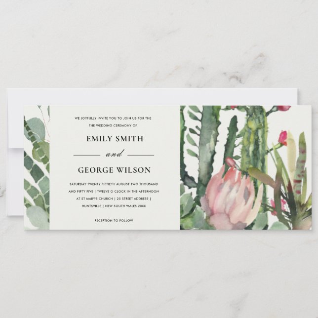 BOHO PINK FLORAL CACTI FAUNA WATERCOLOR WEDDING INVITATION (Front)