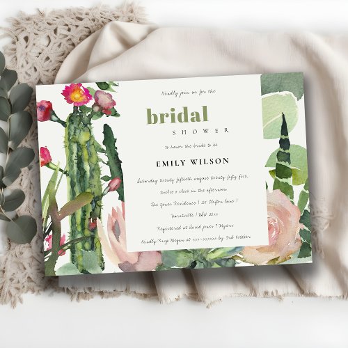 BOHO PINK FLORAL CACTI FOLIAGE BRIDAL SHOWER INVITATION