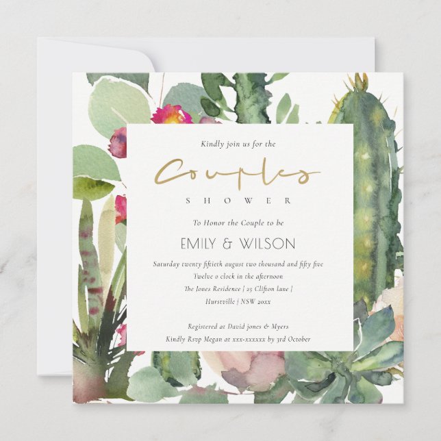 BOHO PINK FLORAL CACTI FOLIAGE COUPLES SHOWER INVITATION (Front)