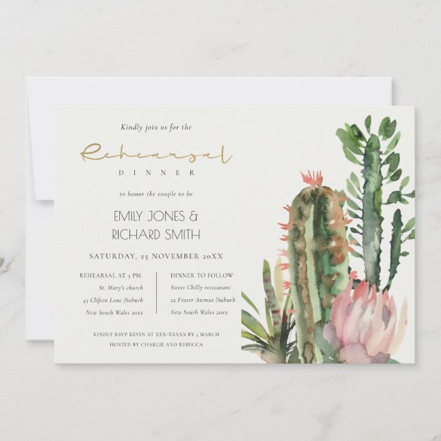 BOHO PINK FLORAL CACTI FOLIAGE REHEARSAL DINNER IN INVITATION (Front)