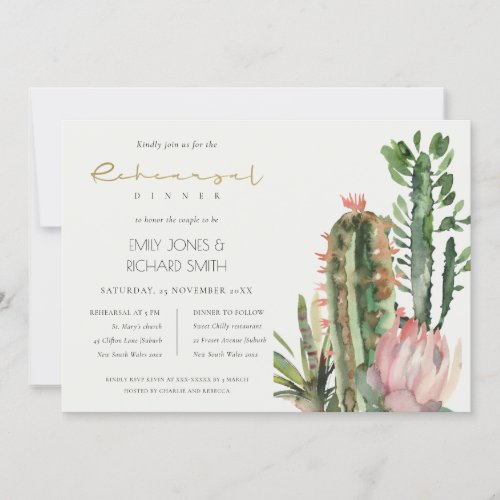 BOHO PINK FLORAL CACTI FOLIAGE REHEARSAL DINNER IN INVITATION