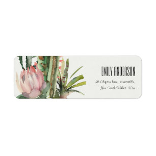 BOHO PINK FLORAL CACTI FOLIAGE WATERCOLOR ADDRESS LABEL