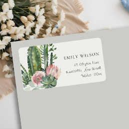 BOHO PINK FLORAL CACTI FOLIAGE WATERCOLOR ADDRESS LABEL
