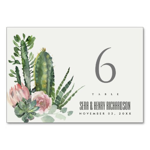 BOHO PINK FLORAL CACTI FOLIAGE WATERCOLOR WEDDING TABLE NUMBER