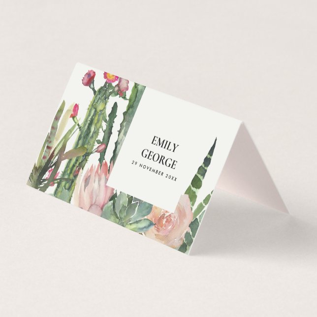 BOHO PINK FLORAL CACTI FOLIAGE WEDDING PLACE CARDS (Back)