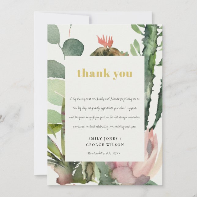 BOHO PINK FLORAL CACTI FOLIAGE WEDDING THANK YOU INVITATION (Front)