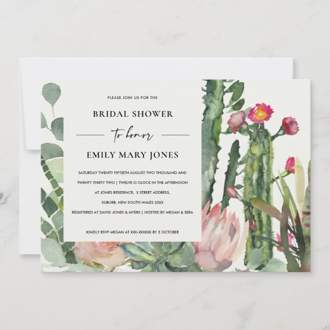 BOHO PINK FLORAL CACTUS FOLIAGE BRIDAL SHOWER INVITATION (Front)